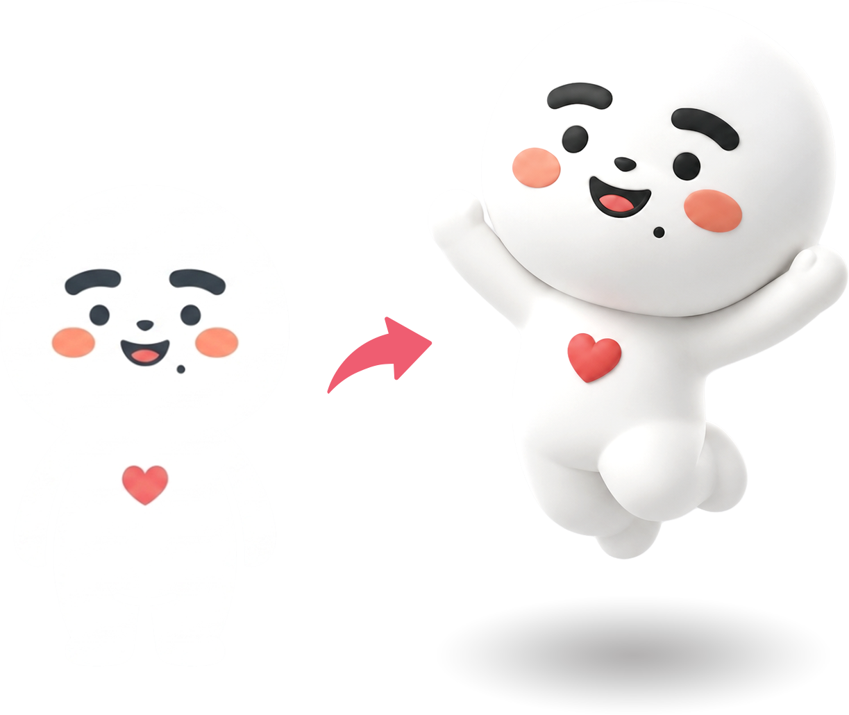 平面の顔マークが、3Dキャラクター「キャラマケくん」に生まれ変わるビフォー・アフター