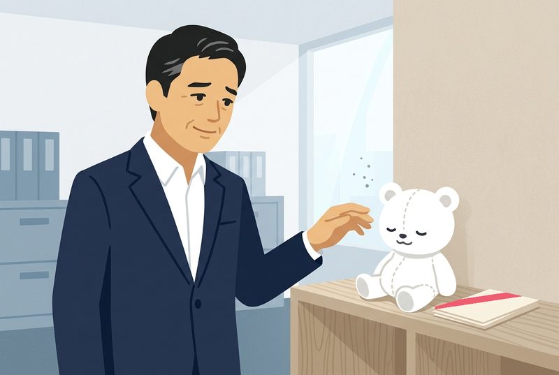 棚の隅で眠っている自社キャラのぬいぐるみを見つめる経営者