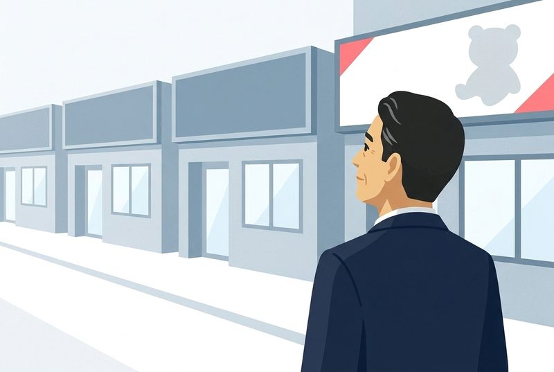 そっくりな店構えが並ぶ通りを眺める経営者。背後の自店の看板にはキャラの色あせたシルエット