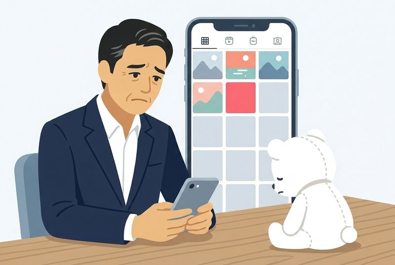 投稿が途中で止まったSNSの画面を困り顔で見る経営者と、置き去りのぬいぐるみ