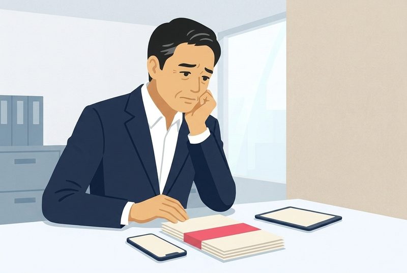 チラシやスマホなどやりかけの販促物を前に、頬杖をついて迷う経営者