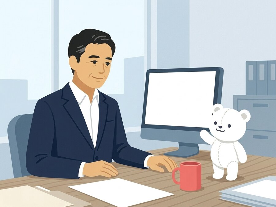オフィスのデスクで、パソコンの画面の横に立つ自社キャラが手を振り、経営者が微笑んでいる様子のイラスト