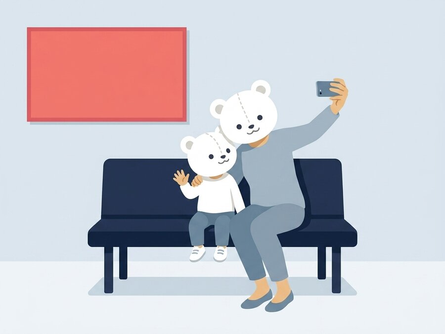 待合のベンチで、顔ARによってキャラの顔になった付き添いの方とお子さまが、いっしょに写真を撮っている様子のイラスト