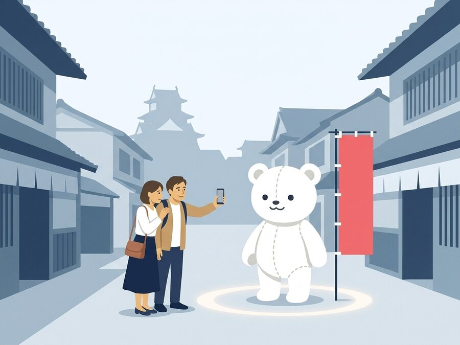 城下町の通りで、のぼりの隣に実物大で立つキャラと観光客がいっしょに写真を撮っている様子のイラスト